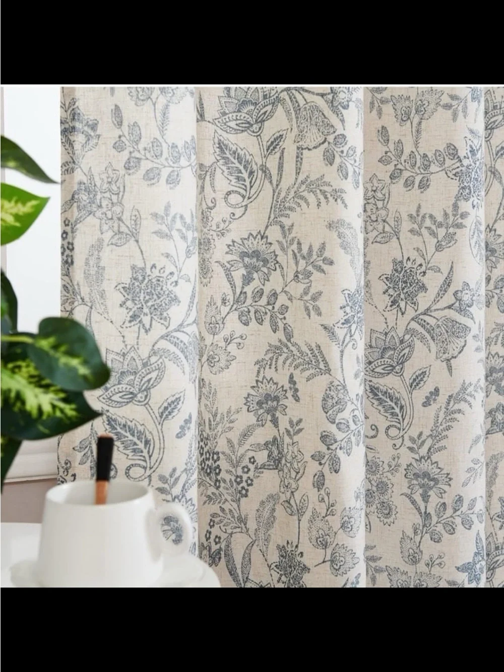 Floral Print Grommet Curtain Panel in Blue and Cream